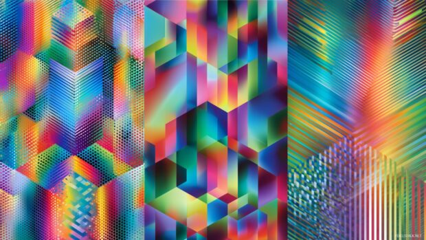 Colorful optical illusion backgrounds, Layers of bright geometric shapes merging into mesmerizing patterns.