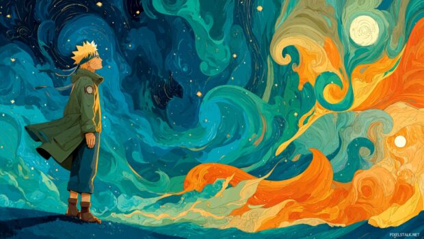 Comic Naruto Background HD, A fantastical scene depicting Naruto in a dreamlike state, flowing through vibrant colors and abstract shapes.