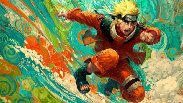 Comic Naruto Wallpaper HD, A vibrant depiction of Naruto in an action pose, with dynamic backgrounds filled with swirling chakra.