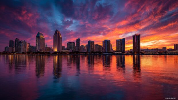 Computer backgrounds hd, A vibrant city skyline at sunset with rich colors and intricate lights.