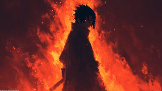 Cool Sasuke backgrounds, A striking depiction of Sasuke in a dark, edgy style, surrounded by shadows and flames, giving a sense of danger and intensity.