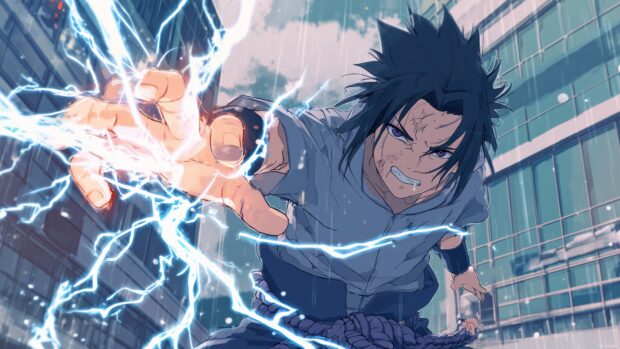 Cool Sasuke backgrounds, An action packed moment of Sasuke using his Chidori technique, with energy crackling around him in a modern urban setting.