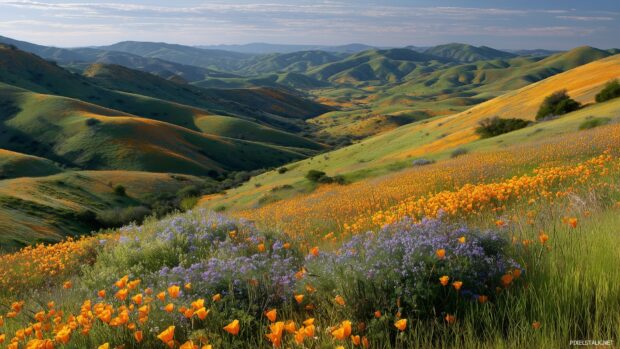 Cool desktop backgrounds hd presenting breathtaking landscapes of rolling hills covered in wildflowers.