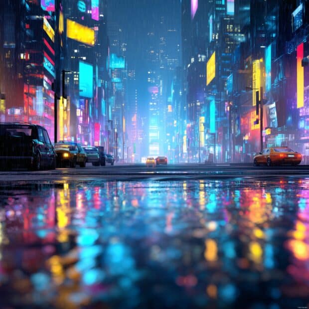 Cool iPad backgrounds, A futuristic cityscape with neon lights reflecting on wet pavement.