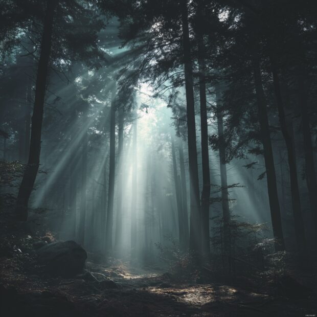 Cool iPad backgrounds, A moody forest scene with rays of light breaking through tall trees.