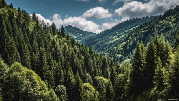 Cool nature background images featuring lush green forests under a clear blue sky, perfect for desktop wallpaper.