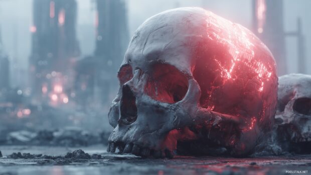 Cool skull wallpapers hd free depicting a futuristic cyberpunk environment with skull motifs.
