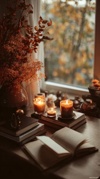 Cozy Autumn desk setup with flickering candles, soft books, and a peaceful Aesthetic atmosphere.