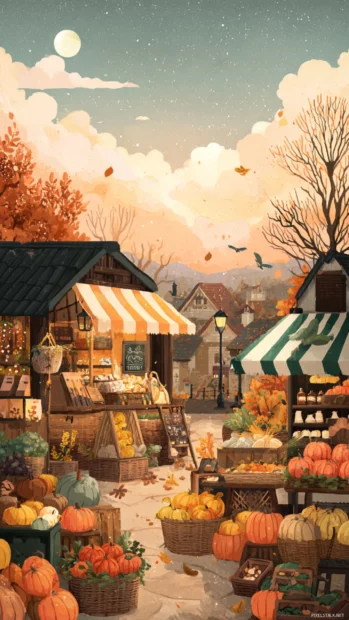 Cozy Autumn market filled with pumpkins, spices, and colorful leaves under a soft Aesthetic morning sky.