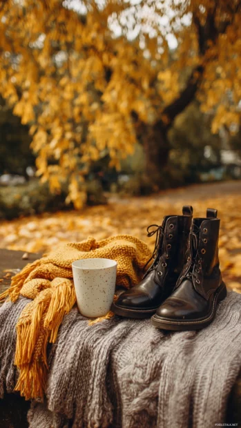 Cozy Autumn outfit inspiration with boots, scarves, and a coffee cup against a backdrop of Aesthetic golden trees.