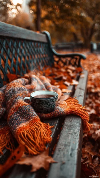 Cozy Autumn park bench surrounded by falling leaves, warm scarves, and a steaming cup of coffee in Aesthetic tones.