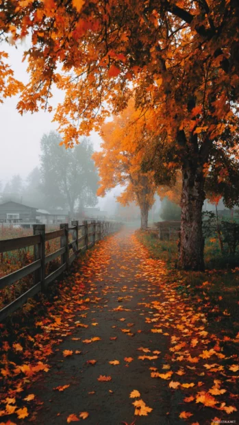 Cozy Autumn path covered in orange and yellow leaves with a warm Aesthetic mist in the background.
