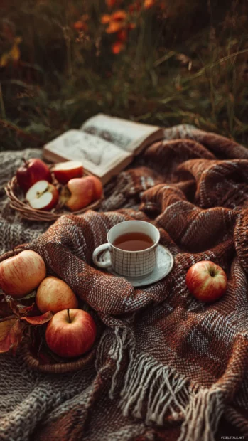 Cozy Autumn picnic scene with a knitted blanket, fresh apples, and hot tea surrounded by warm Aesthetic tones.