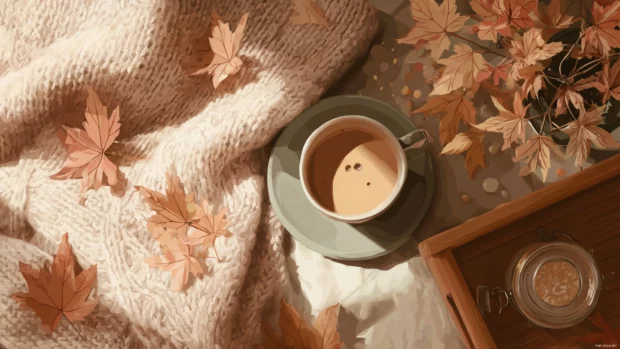 Cozy Autumn scene featuring a warm blanket, a cup of coffee, and scattered maple leaves in an Aesthetic style.
