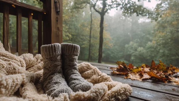 Cozy autumn background of plush blanket and knit socks on porch overlooking misty woodland.