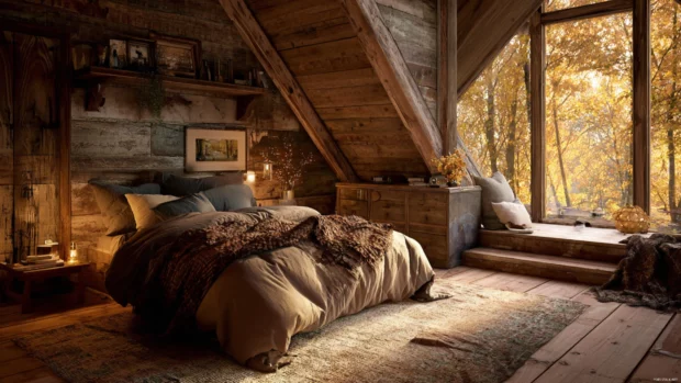 Cozy autumn cabin retreat with warm fall wallpaper hues casting soft glow through golden foliage.
