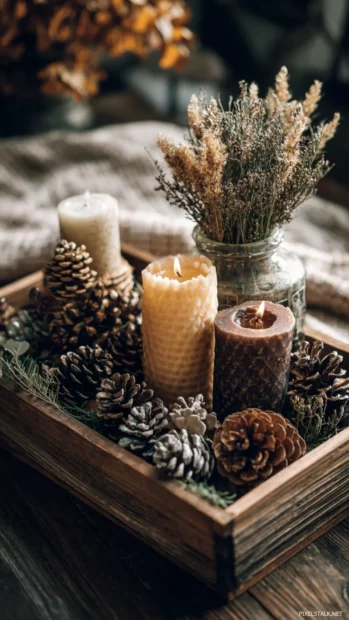 Cozy autumn cozy vibes arrangement of candles, pinecones and fall herbs on wooden tray.