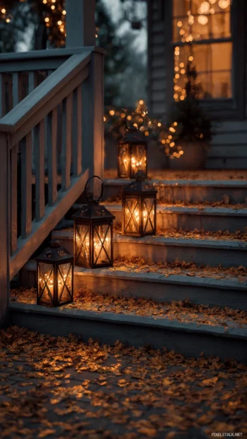 Cozy autumn evening scene of lit lanterns on porch steps with fallen leaves swirling around.