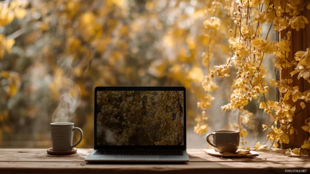 Cozy autumn laptop wallpaper with golden foliage draping over a rustic desk beside a steaming mug.