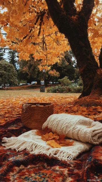 Cozy autumn leaves drift over picnic blanket and knitted throw under amber tree canopy.
