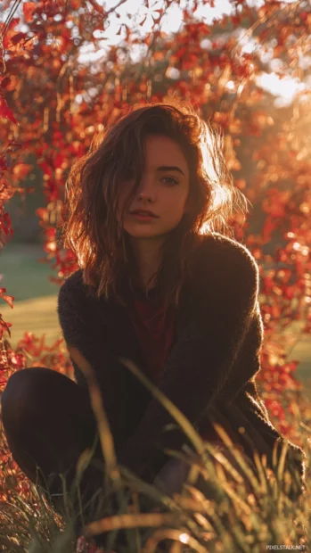 Cozy autumn lighting portrait of sunbeam filtering through red and orange foliage onto grass.
