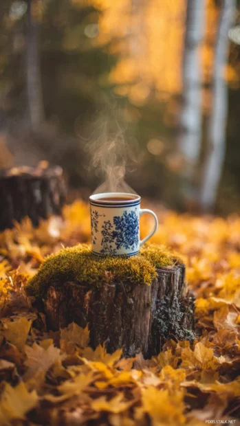 Cozy autumn mug moment showing steaming drink set on a mossy stump amid golden leaf carpet.