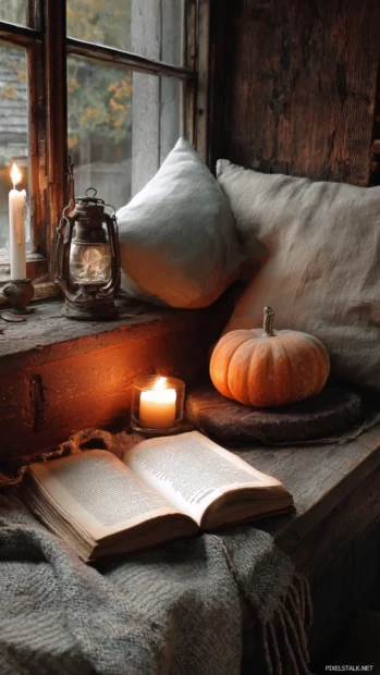 Cozy autumn nook captured with open book, candlelight and pumpkin beside rustic window seat.