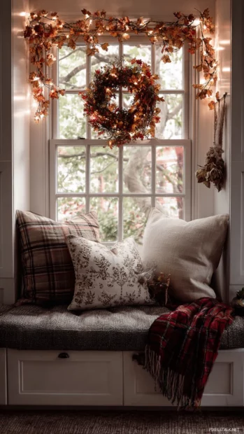 Cozy autumn nook composition with wreath, fairy lights and plaid cushion on window bench.