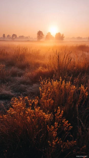 Cozy autumn sunrise view over misty field with amber grasses and glowing harvest light.