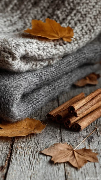 Cozy autumn texture closeup of wool blanket, fallen leaves and cinnamon sticks on wooden table.