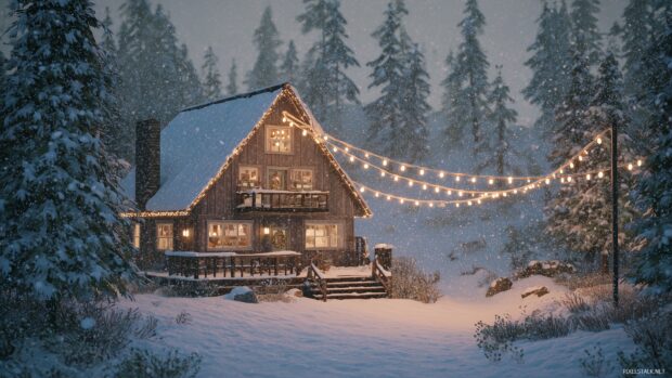Cozy cabin backgrounds, A snug cabin decorated for the holidays, surrounded by a wintry wonderland.