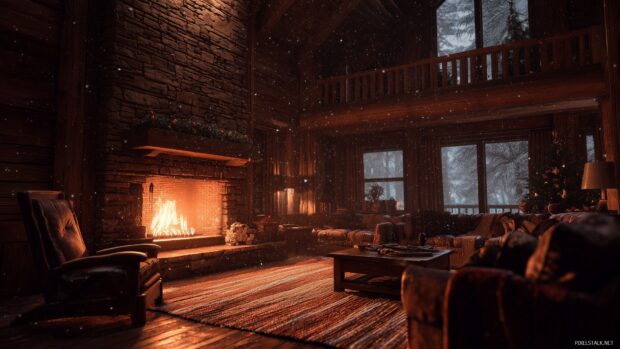 Cozy cabin backgrounds, A warm cozy cabin with a glowing fireplace and snow falling outside.