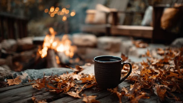 Cozy fall aesthetic scene with mug of cider beside a firepit surrounded by drifting autumn leaves.