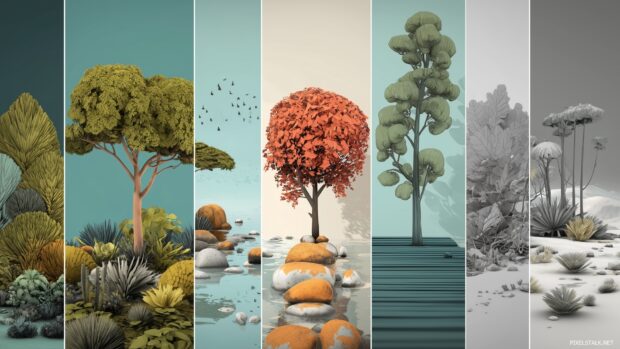 Creative 3D backgrounds for desktops focused on nature themes.