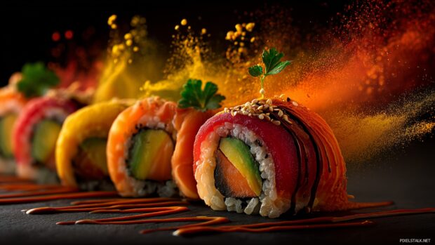Creative food images HD illustrating an imaginative sushi dish with colorful ingredients.
