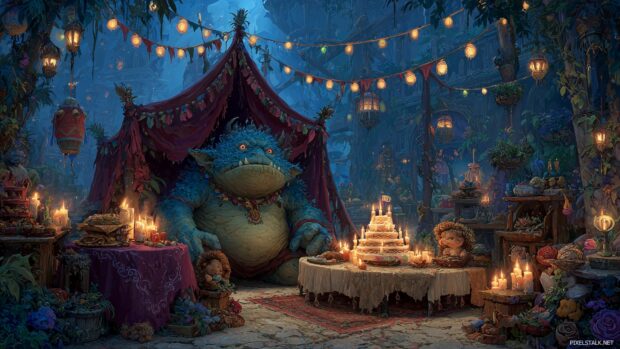 Creative happy birthday wallpaper hd showcasing a fantasy party environment with whimsical elements.