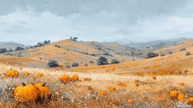 Crisp Fall morning in a quiet countryside with rolling hills and scattered pumpkins in digital painting style.