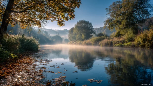 Crisp autumn morning captured in a peaceful landscape with fog hovering above a calm river and falling leaves.