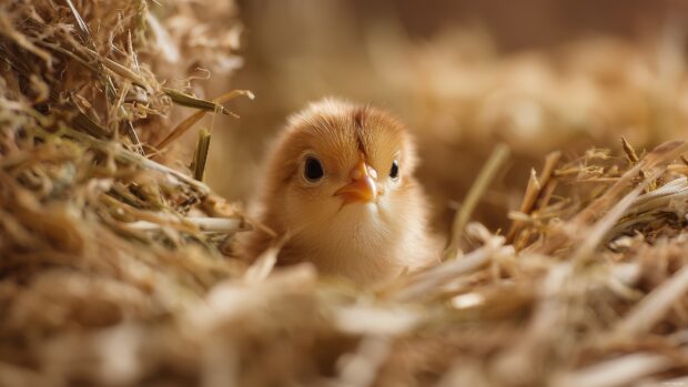 Cuddly animal wallpapers, A blissful close up of a baby chick peeping out from a bed of soft straw, filled with warmth and innocence.