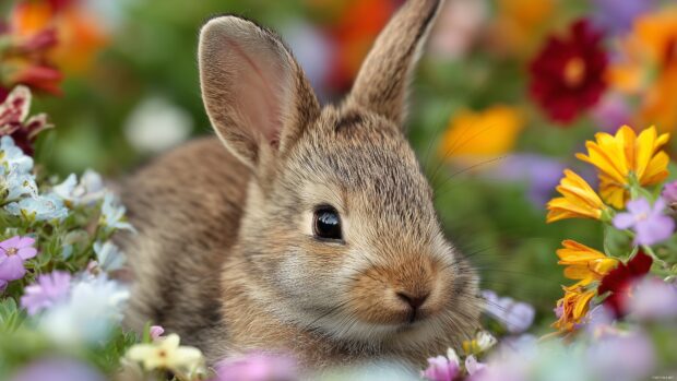 Cuddly animal wallpapers, A charming baby bunny nestled in a bed of colorful wildflowers, showcasing its soft fur and bright eyes.