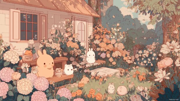 Cute Anime Backgrounds, A charming garden filled with kawaii animals and flowers, all in a soft color palette.