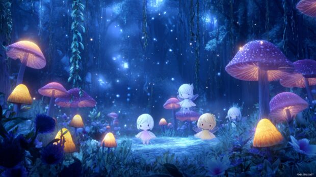 Cute Anime Backgrounds, A magical forest with chibi fairies and glowing mushrooms, creating a serene atmosphere.