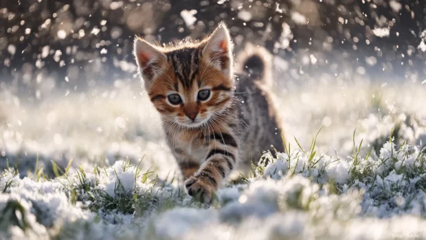 Cute Baby Animal frolicking through a snowy field, leaving tiny paw prints as snowflakes softly fall around it.