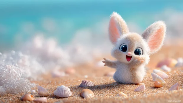 Cute Baby Animal playing joyfully on a sandy beach with tiny seashells and gentle waves in the background.