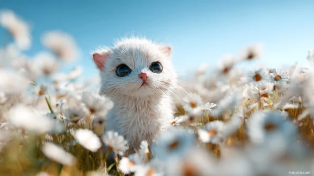 Cute Baby Animal sitting in a field of soft daisies under a clear blue sky, its big sparkling eyes full of curiosity.