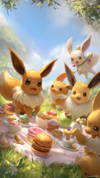 Cute Eeveelutions Wallpapers, A joyful depiction of Eeveelutions having a picnic in a sunny meadow, surrounded by delicious treats.
