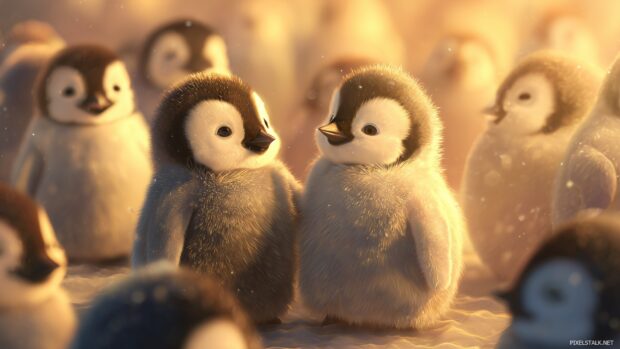 Cute Penguin Backgrounds, A heartwarming depiction of penguins interacting with each other in a cozy habitat.