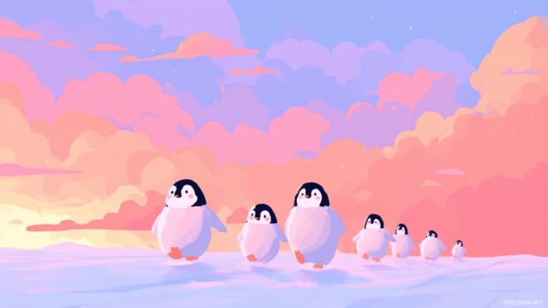 Cute Penguin Backgrounds, Adorable penguins sliding on ice with a whimsical sky in the background.