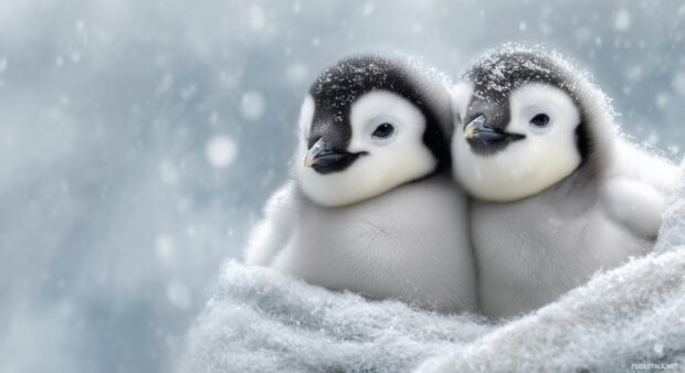 Cute Penguin Backgrounds, Penguin chicks cuddling together in a fluffy blanket of snow with soft pastel colors.
