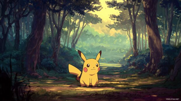 Cute Pikachu wallpapers hd featuring a serene forest background with soft lighting.